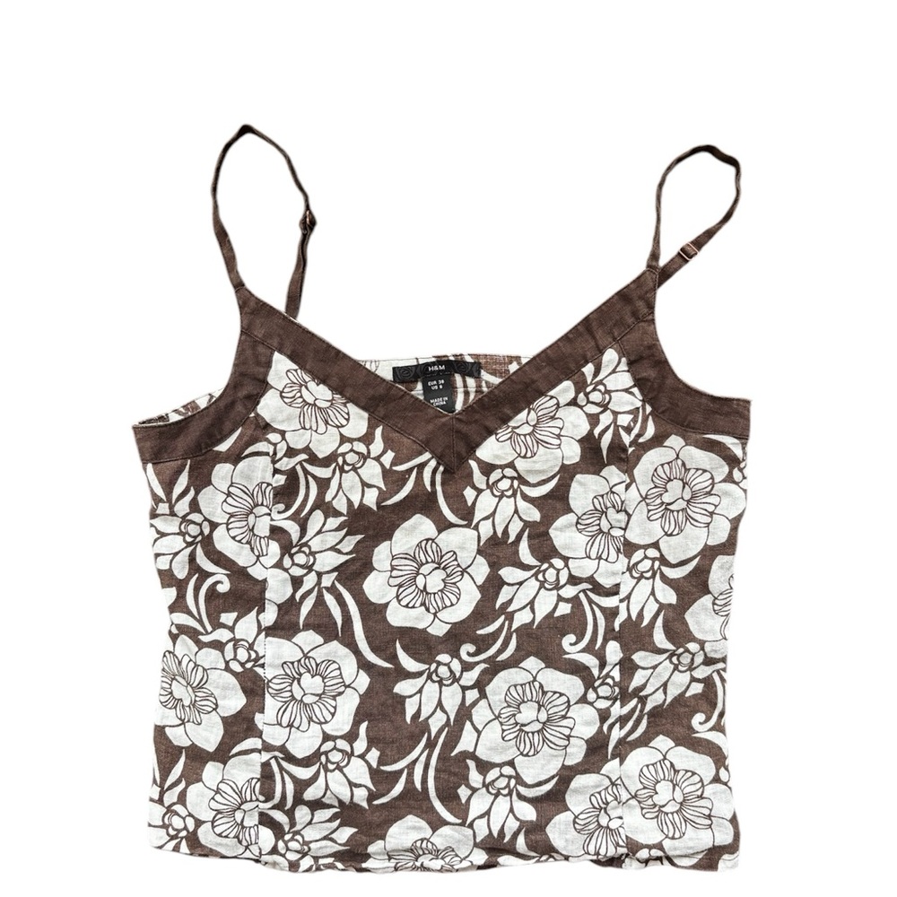H&M vintage cache brown white flower V neck summer spaghetti strap top